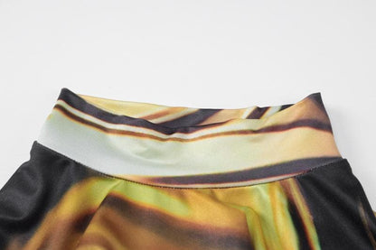 Mock Neck Long Sleeve Abstract Trompe L Oeil Drape Print Bodycon Maxi Dress