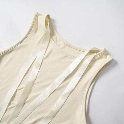 Bowknot ribbon drawstring ruched sleeveless top