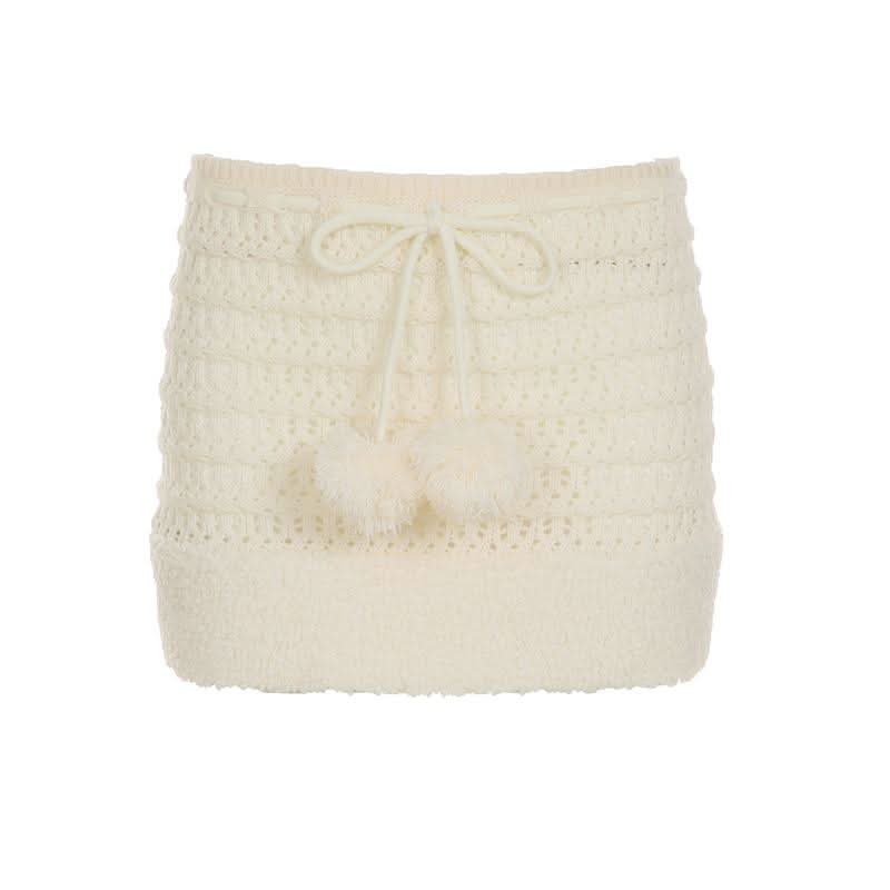 Hollow out drawstring fluffy self tie solid cut out mini skirt