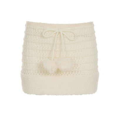 Hollow out drawstring fluffy self tie solid cut out mini skirt