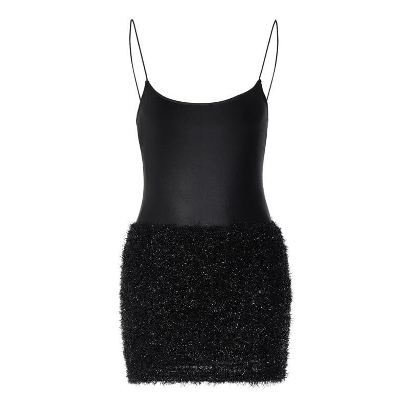 Scoop Neck Spaghetti Strap Textured Fuzzy Skirt Bodycon Mini Dress