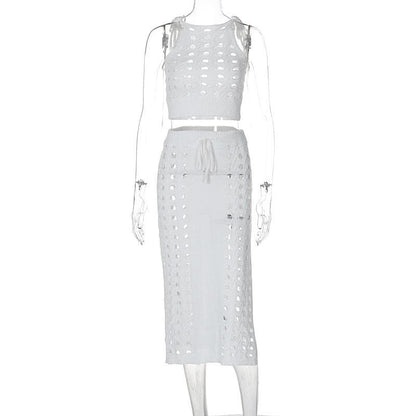 Knitted hollow out slit cami cut out midi skirt set