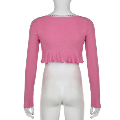 Ruffle long sleeve u neck lace hem slit contrast crop top