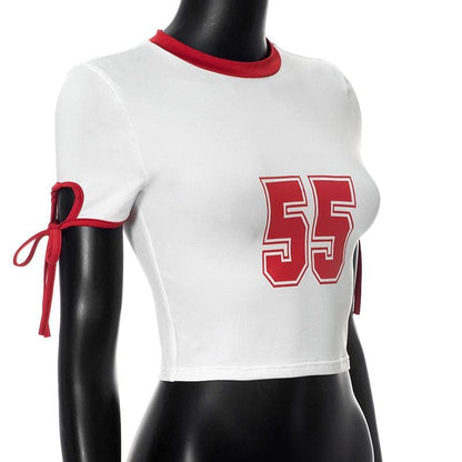 Short sleeve "55" pattern self tie crop top