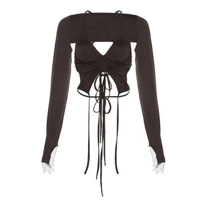 Long sleeves V neck halter ruched solid 2 piece top