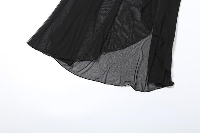 Mesh ruffle ruched slit solid maxi skirt