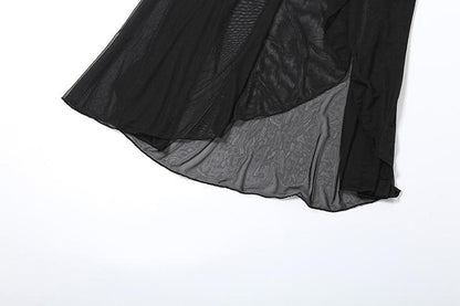 Mesh ruffle ruched slit solid maxi skirt