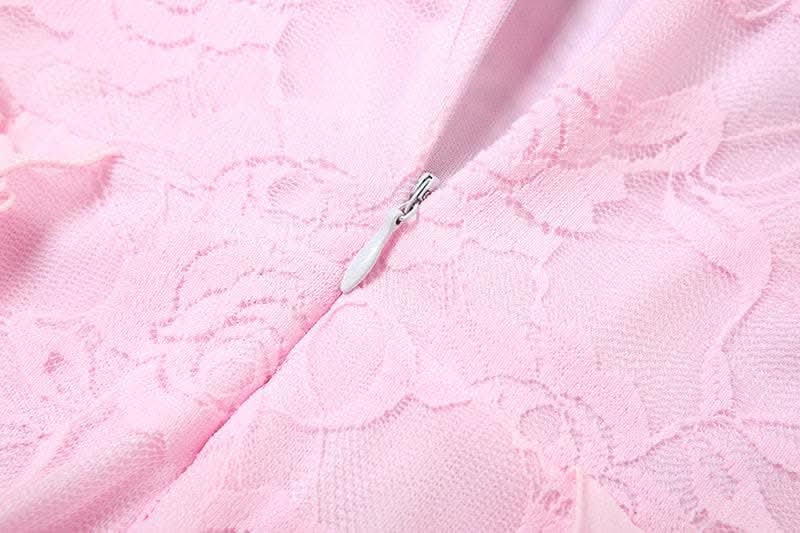 Lace contrast bowknot zip-up ruffle backless tube maxi dress-final-sale