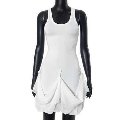 U neck mesh patchwork bowknot 2-way midi dress