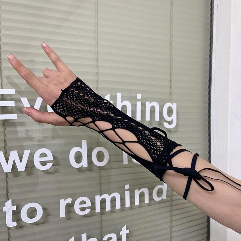 Hollow out solid self tie gloves