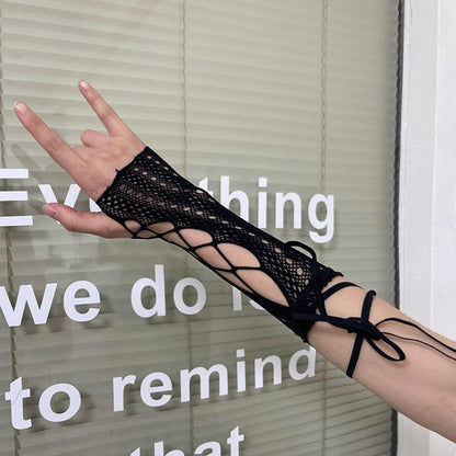 Hollow out solid self tie gloves