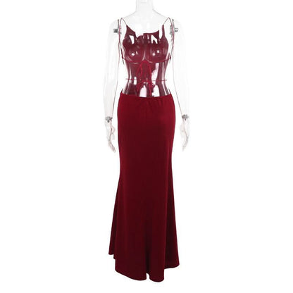 Self tie velvet ruched spaghetti strap maxi dress