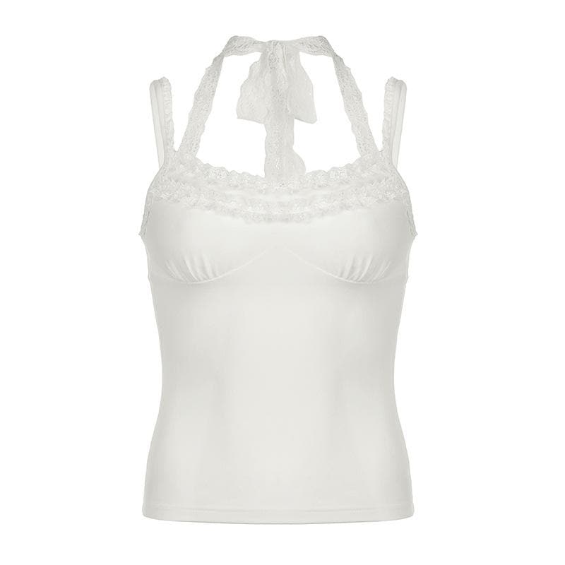 Halter lace hem ruched self tie cami top