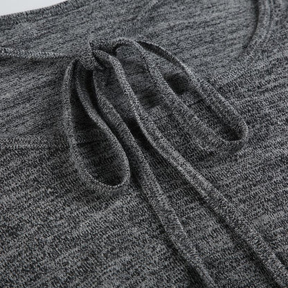 Long sleeve u neck self tie solid top