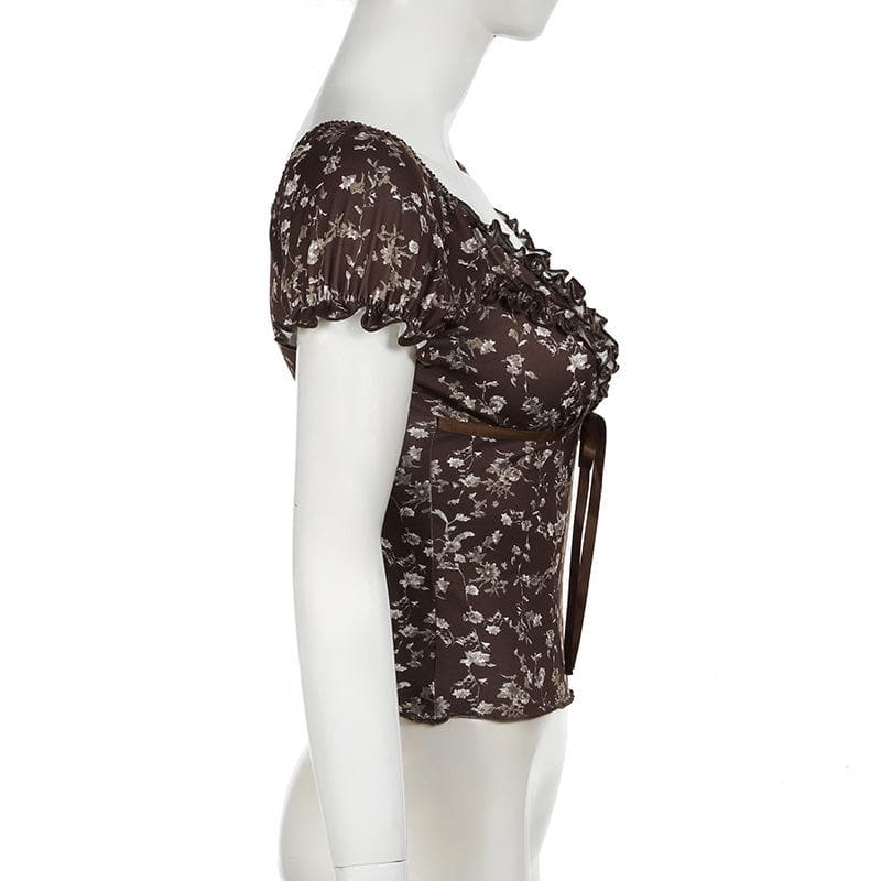 Short shoulder flower print ruffle top