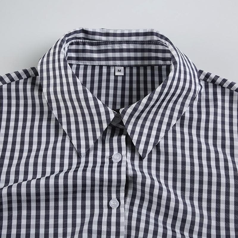 Turnover collar long sleeve button plaid top