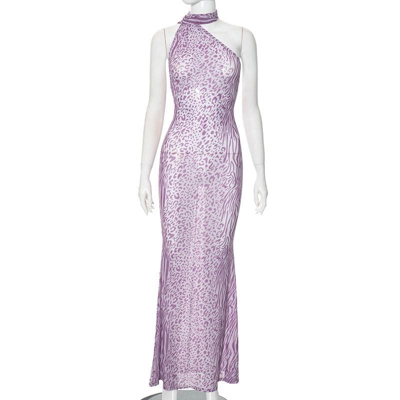 Halter leopard print sheer mesh backless maxi dress