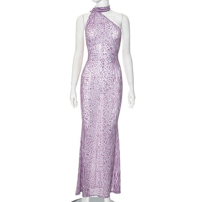 Halter leopard print sheer mesh backless maxi dress