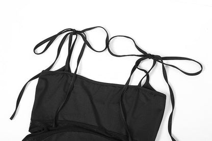 Mesh patchwork self tie backless cami maxi dress