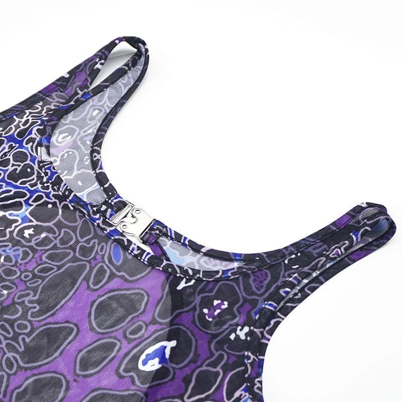 Print u neck hollow out sheer mesh cami cut out maxi dress