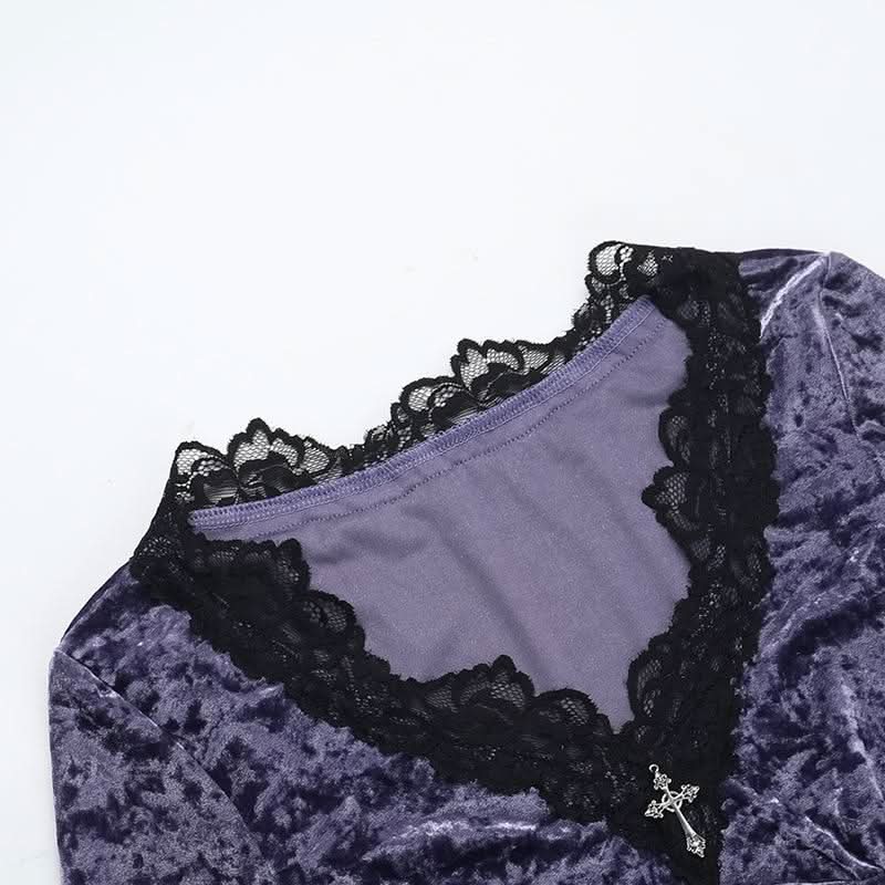 Long sleeve lace hem velvet v neck contrast top