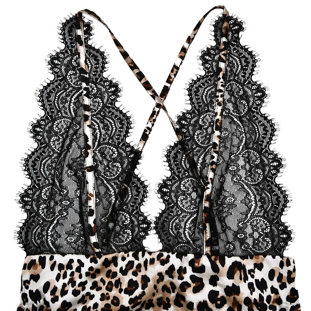 V neck leopard print lace see through cami mini dress