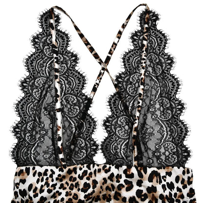 V neck leopard print lace see through cami mini dress