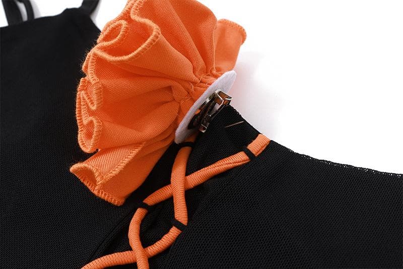 U neck flower applique lace up ruffle cami mini dress