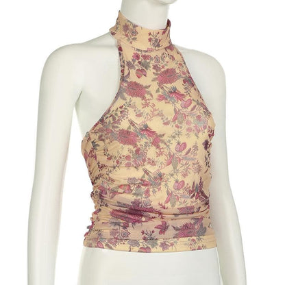 Halter button backless print ruched top