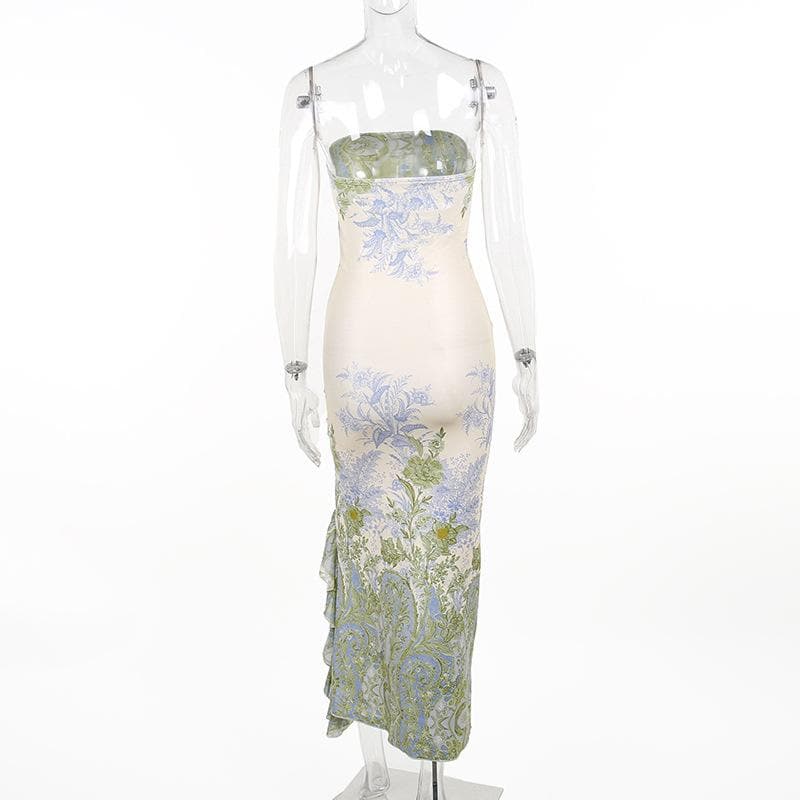 Strapless Floral Paisley Print Ruffle Slit Tube Maxi Dress