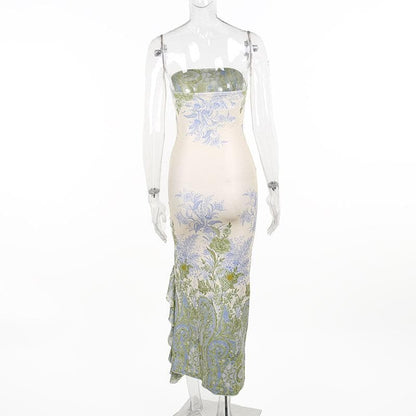 Strapless Floral Paisley Print Ruffle Slit Tube Maxi Dress