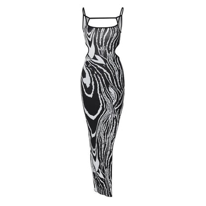 Zebra print contrast irregular slit hollow out backless cut out midi dress