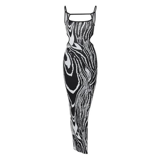 Zebra print contrast irregular slit hollow out backless cut out midi dress