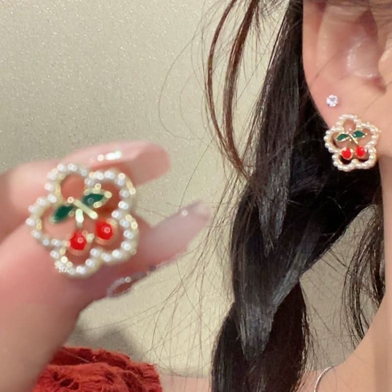 Bowknot heart faux pearl pendant stud earrings