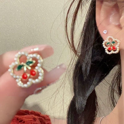 Bowknot heart faux pearl pendant stud earrings