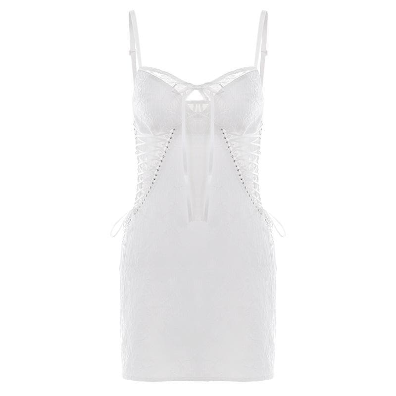 Bowknot sweetheart neck lace lace up textured cami mini dress