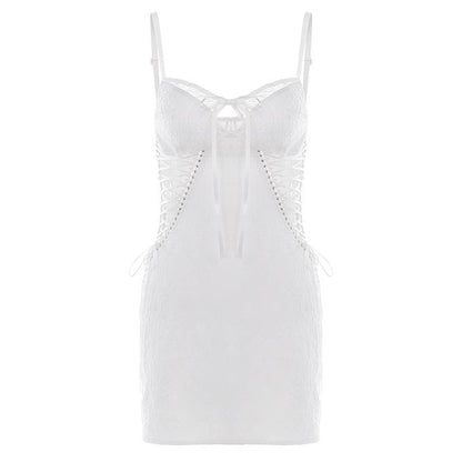 Bowknot sweetheart neck lace lace up textured cami mini dress