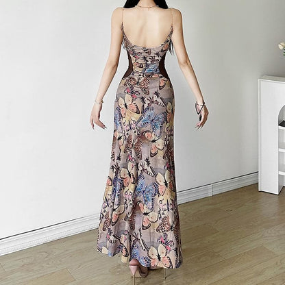 U neck metal chain butterfly print cami maxi dress