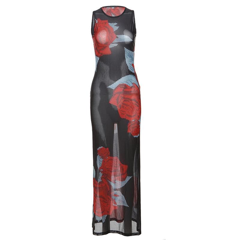 Sleeveless flower print mesh see through maxi dress