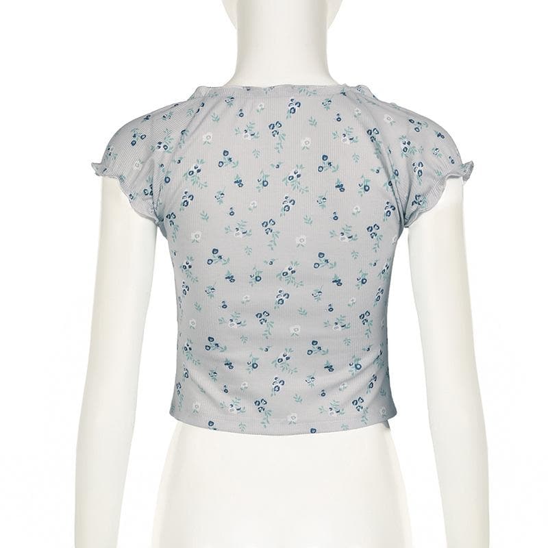 Short sleeve knotted ruffle ribbed print top