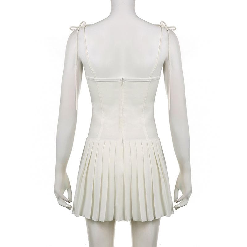 Corset Hook-Front Tie Shoulder Pleated Skirt Mini Dress