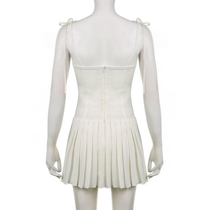 Corset Hook-Front Tie Shoulder Pleated Skirt Mini Dress