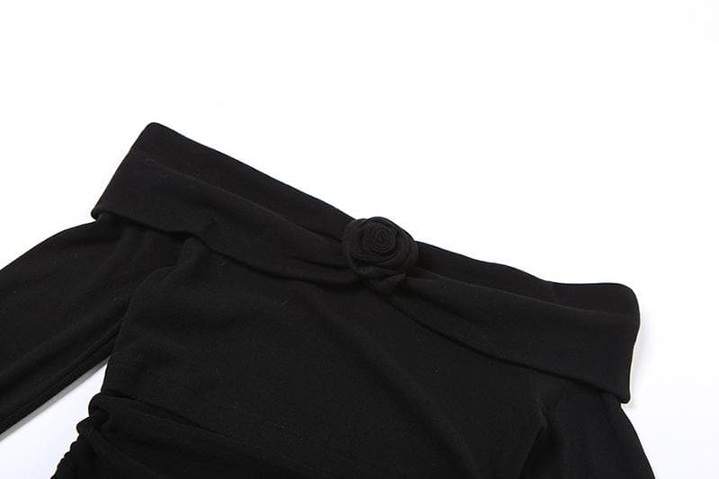 Flower applique off shoulder long flared sleeve slit mini dress