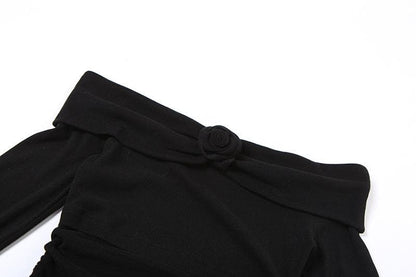 Flower applique off shoulder long flared sleeve slit mini dress