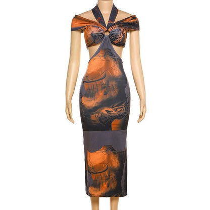 Abstract Print Off-Shoulder Halter O-Ring Waist Cutout Midi Dress