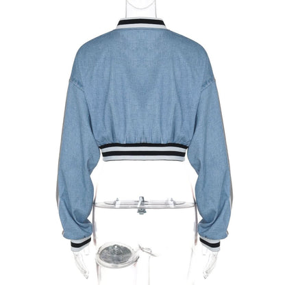 Long sleeve denim letter print patchwork button top