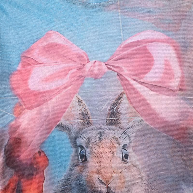 Crew neck short sleeve mesh rabbit print top