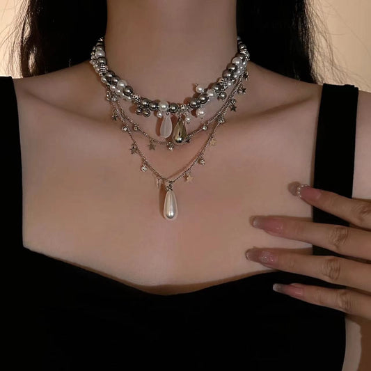 Layered faux pearl pendant choker necklace