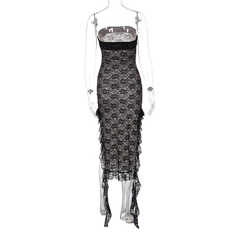 Strapless Floral Lace Ruffle Side Ribbon Contrast Tube Midi Dress