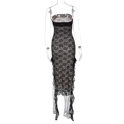 Strapless Floral Lace Ruffle Side Ribbon Contrast Tube Midi Dress